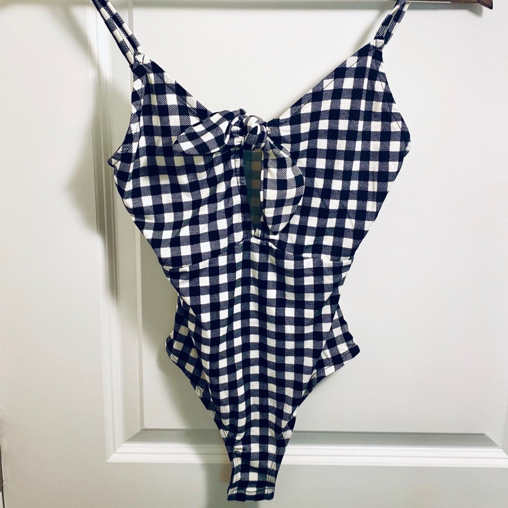 Lulus Black and White Checkered Bodysuit With Bow